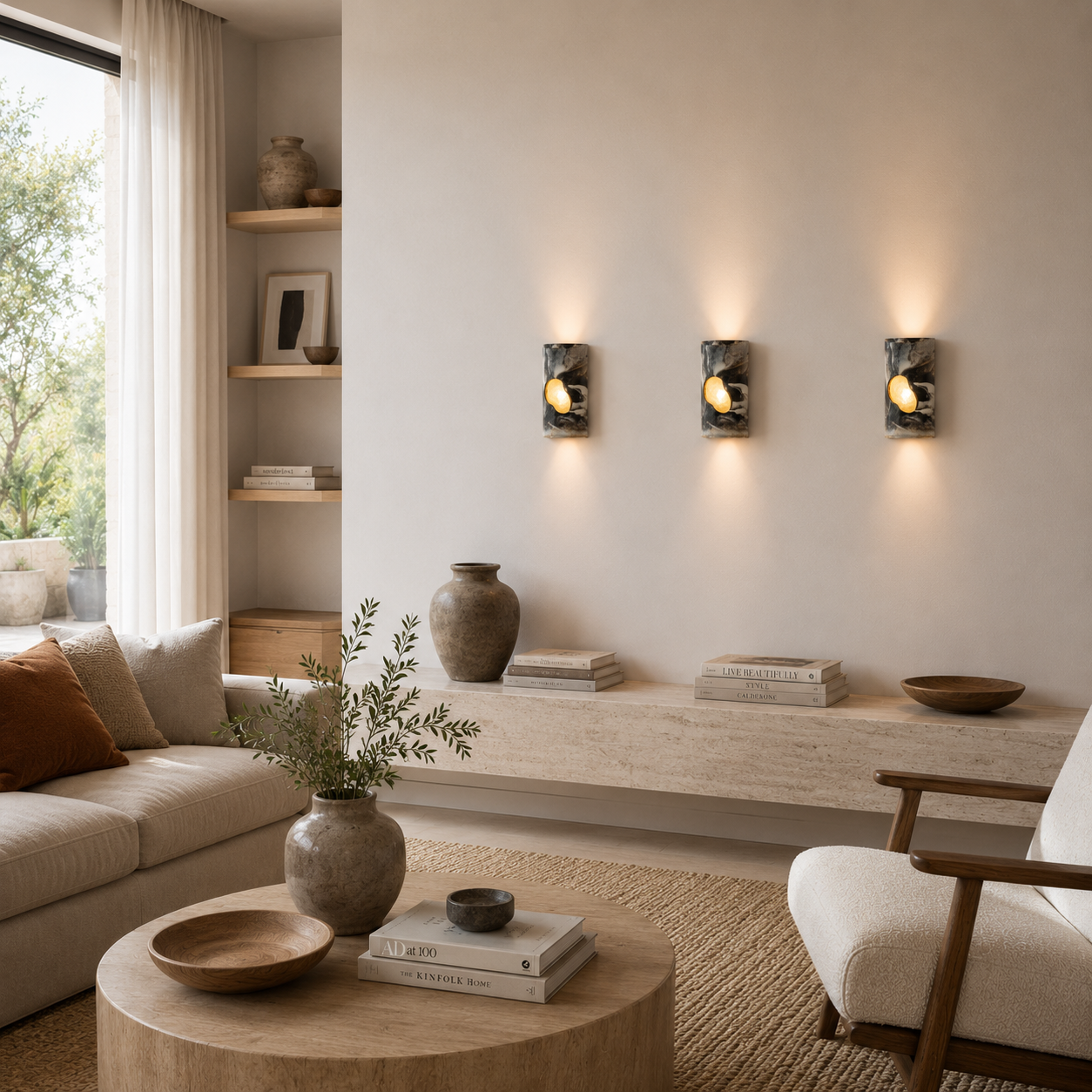 Three handcrafted ceramic wall sconces with smoky marble glazes and illuminated amber textured glass inserts in a bright contemporary living room with warm timber, natural stone and soft neutral furnishings.