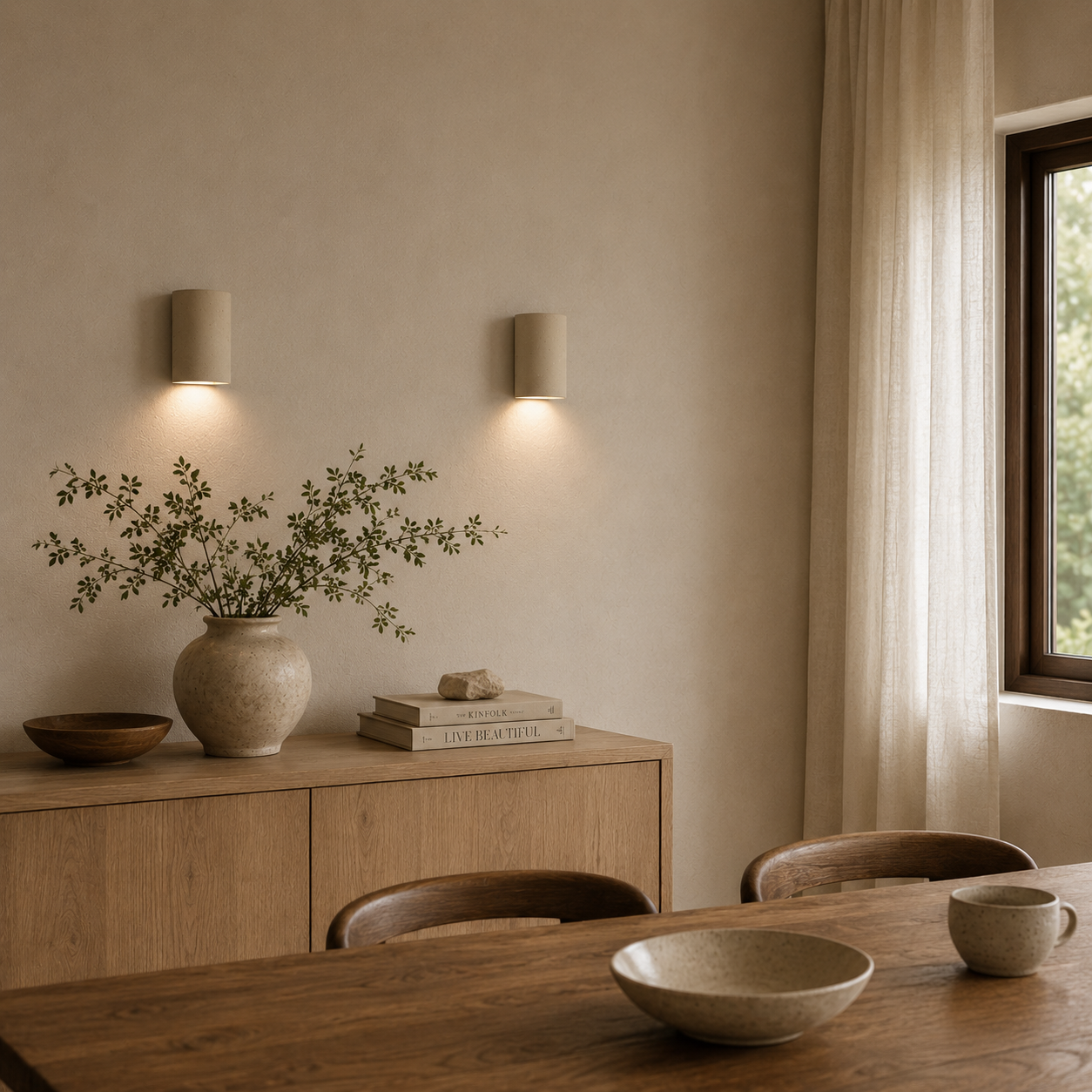 Two Beach Wall Sconces in a raw clay ceramic finish casting soft downward light in a warm minimalist interior with timber furniture and natural textures.