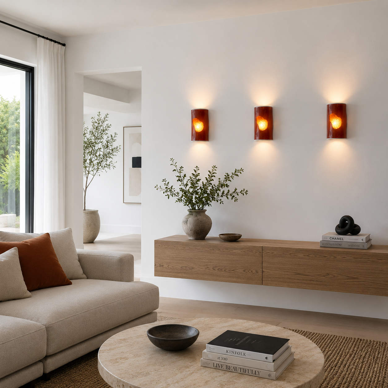 Three handcrafted ceramic wall sconces in a glossy burnt-orange finish with illuminated amber textured glass inserts in a bright contemporary living room with white walls, oak joinery, soft neutral furnishings and minimalist styling.