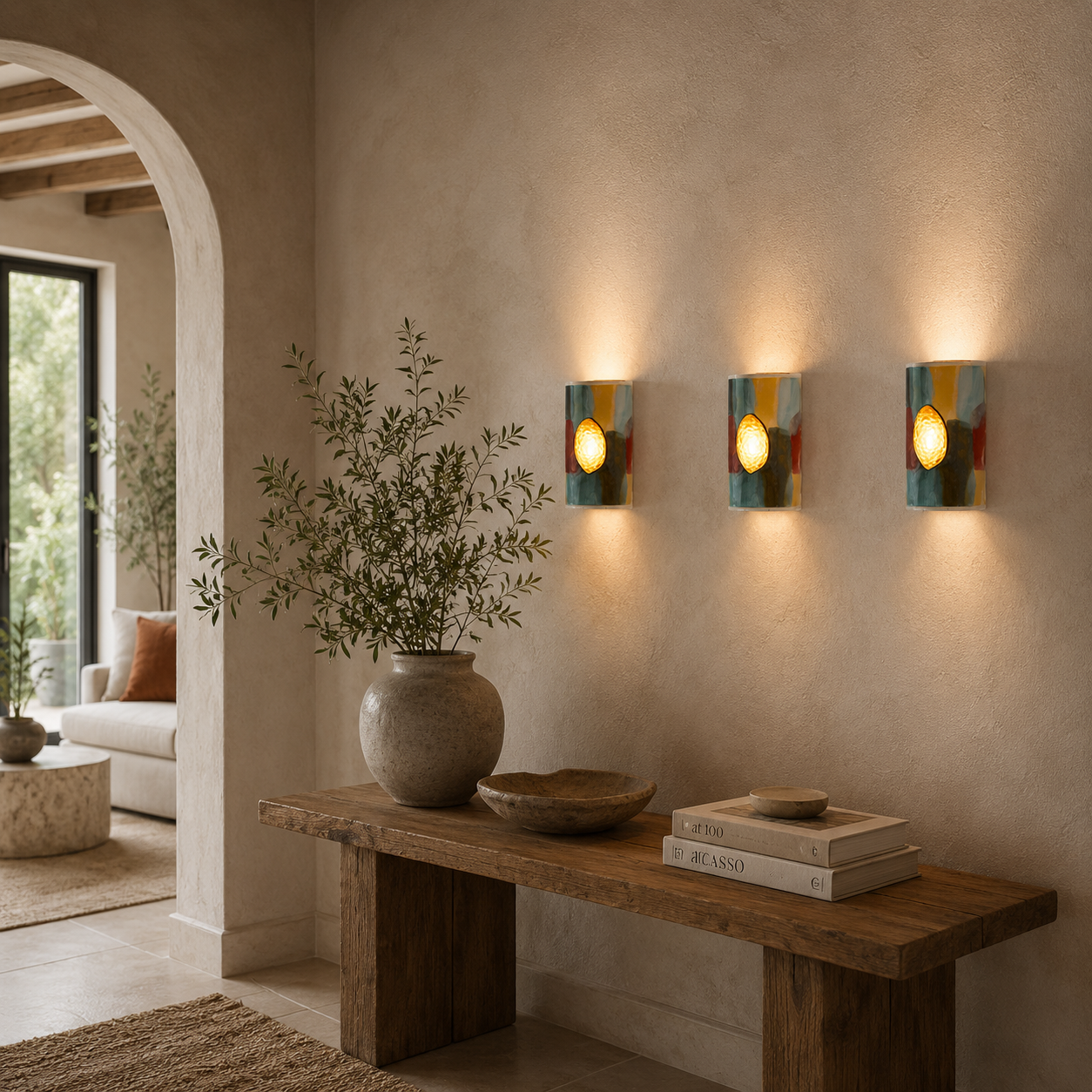 Three handcrafted ceramic wall sconces with abstract painterly glazes in sea-glass blue, ochre, rust and olive tones with illuminated amber textured glass inserts in a warm Mediterranean-inspired interior.