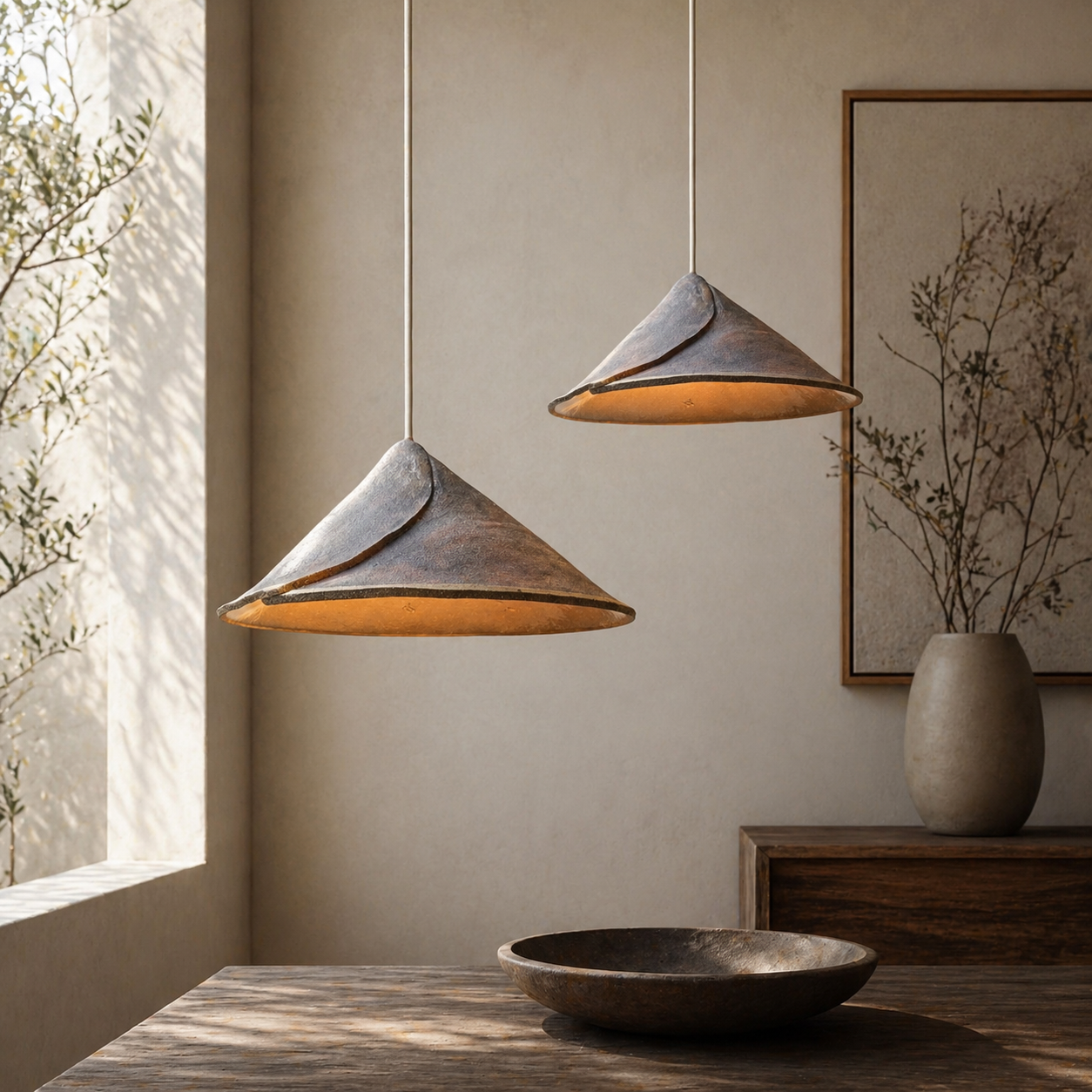 Pair of Envelope ceramic pendant lights suspended at different heights, casting a warm glow in a contemporary home interior