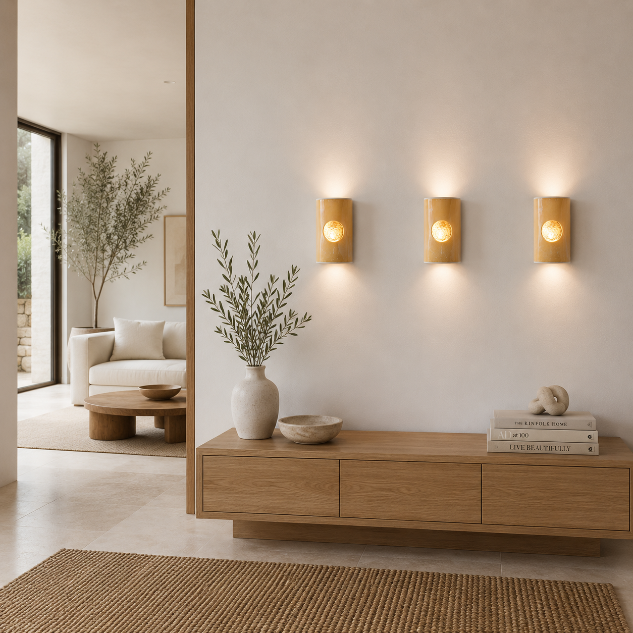 Three handcrafted ceramic wall sconces in a glossy golden-ochre finish with illuminated amber textured glass inserts in a warm minimalist contemporary home interior with oak joinery, soft neutral furnishings and Mediterranean-inspired styling.