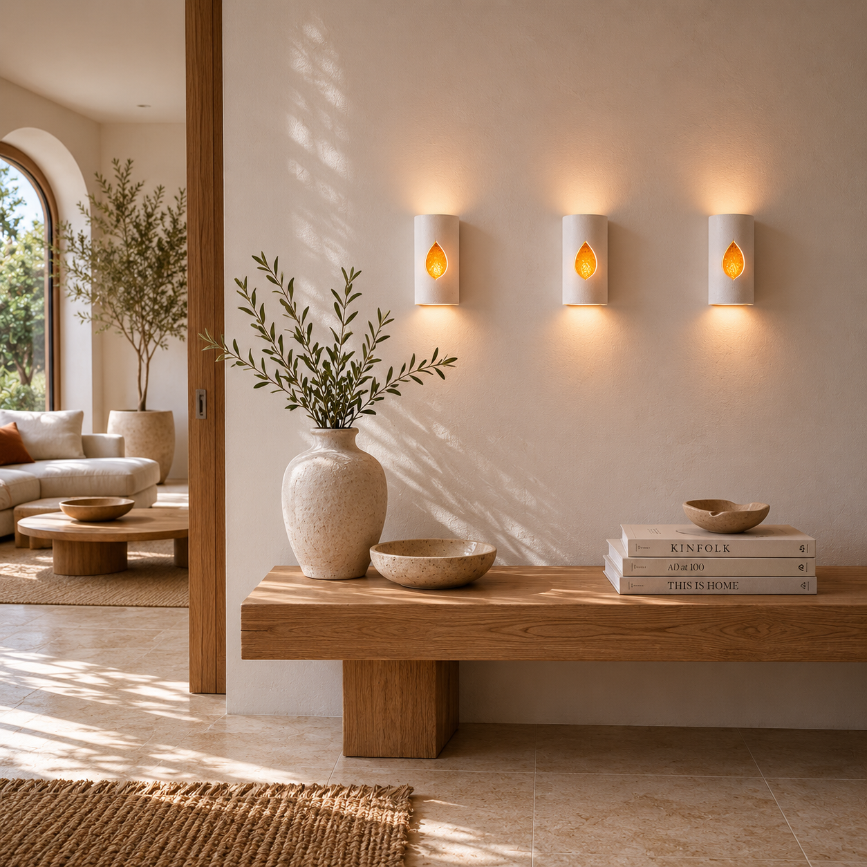 Three handcrafted ceramic wall sconces in a soft limestone-white finish with illuminated amber textured glass inserts in a warm contemporary Mediterranean-inspired entryway with oak furniture, textured plaster walls, natural stone flooring and olive branches.