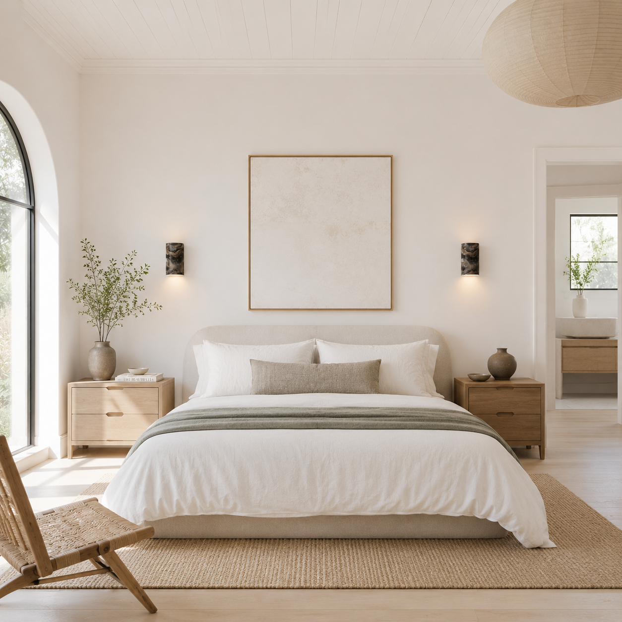 Two Marble handcrafted ceramic wall sconces with a smoky marbled glaze casting soft downward light in a bright contemporary bedroom with warm timber and natural textures.