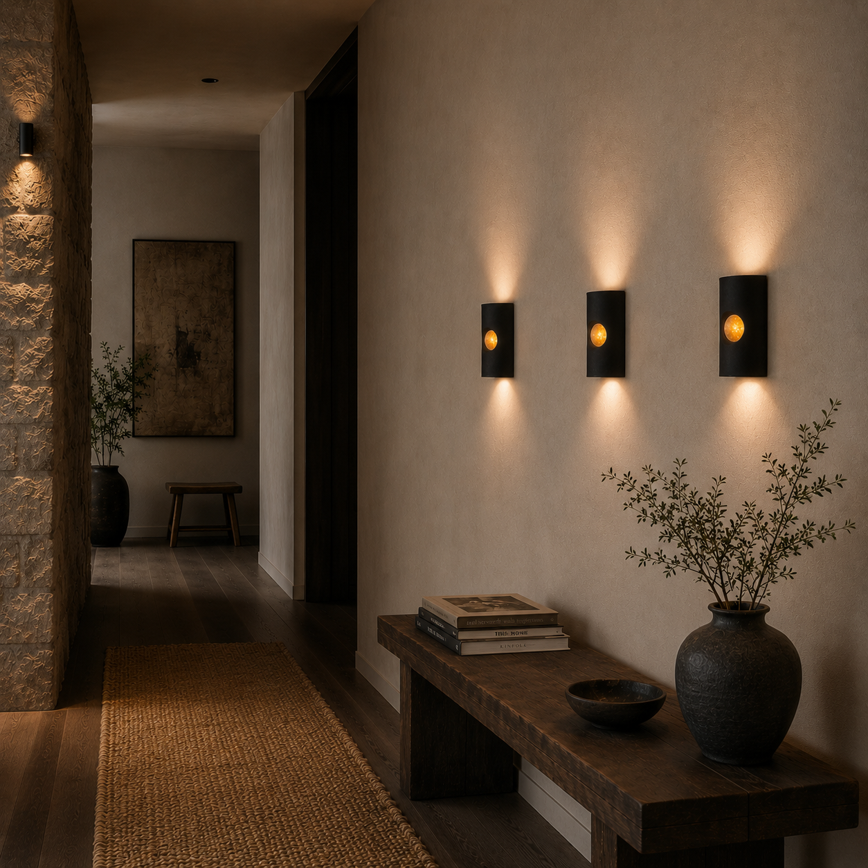 Three handcrafted ceramic wall sconces in a matte charcoal-black finish with illuminated amber textured glass inserts in a warm contemporary hallway with textured plaster walls, dark timber furniture and ambient architectural lighting.