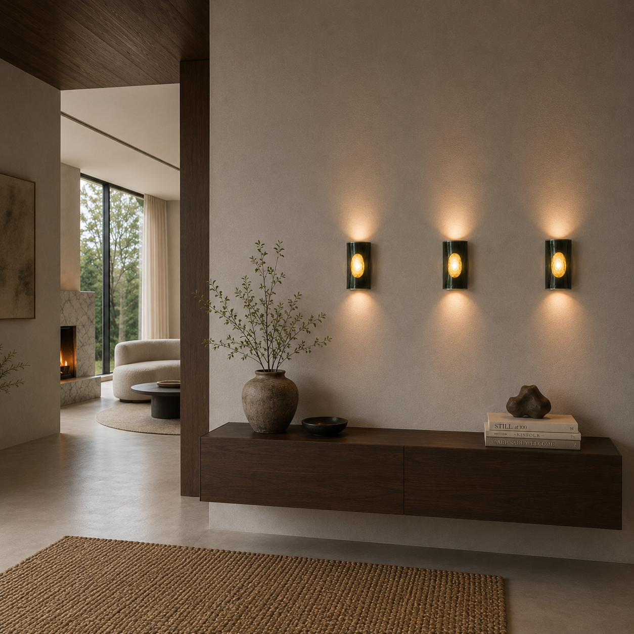 Three handcrafted ceramic wall sconces in a smoky mineral olive finish with illuminated sage-green textured glass inserts in a warm contemporary home interior with dark timber joinery, textured plaster walls and minimalist styling.