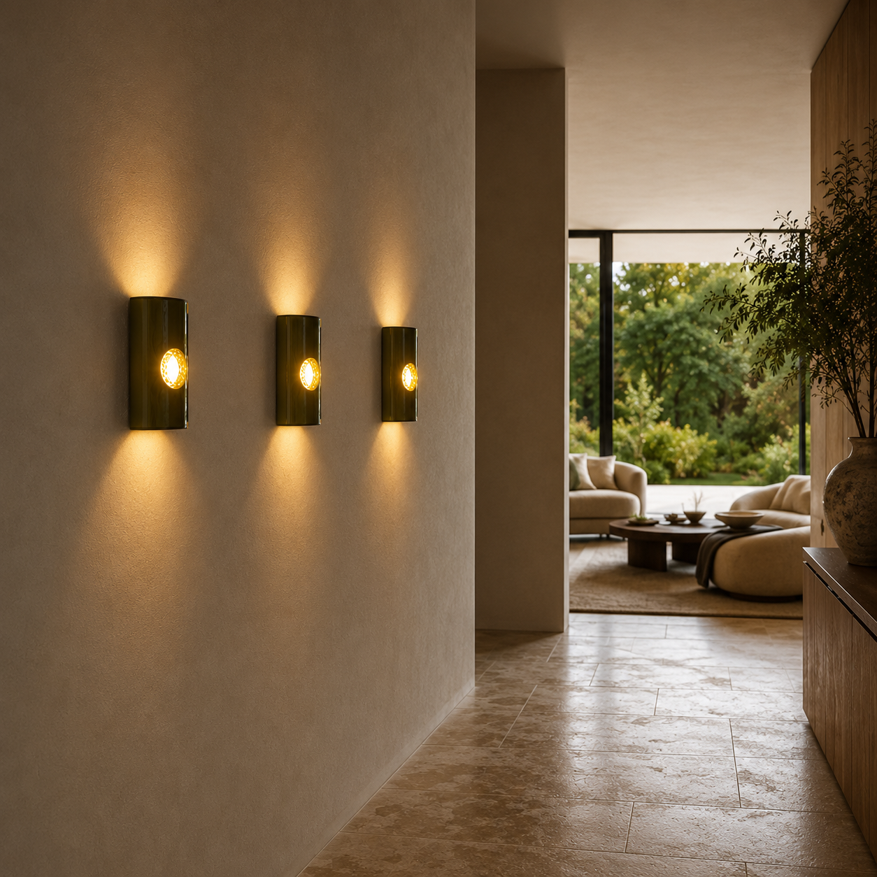 Three handcrafted olive ceramic wall lights with glowing amber glass inserts installed in a contemporary hallway, casting warm ambient light against textured plaster walls in a modern Australian home.