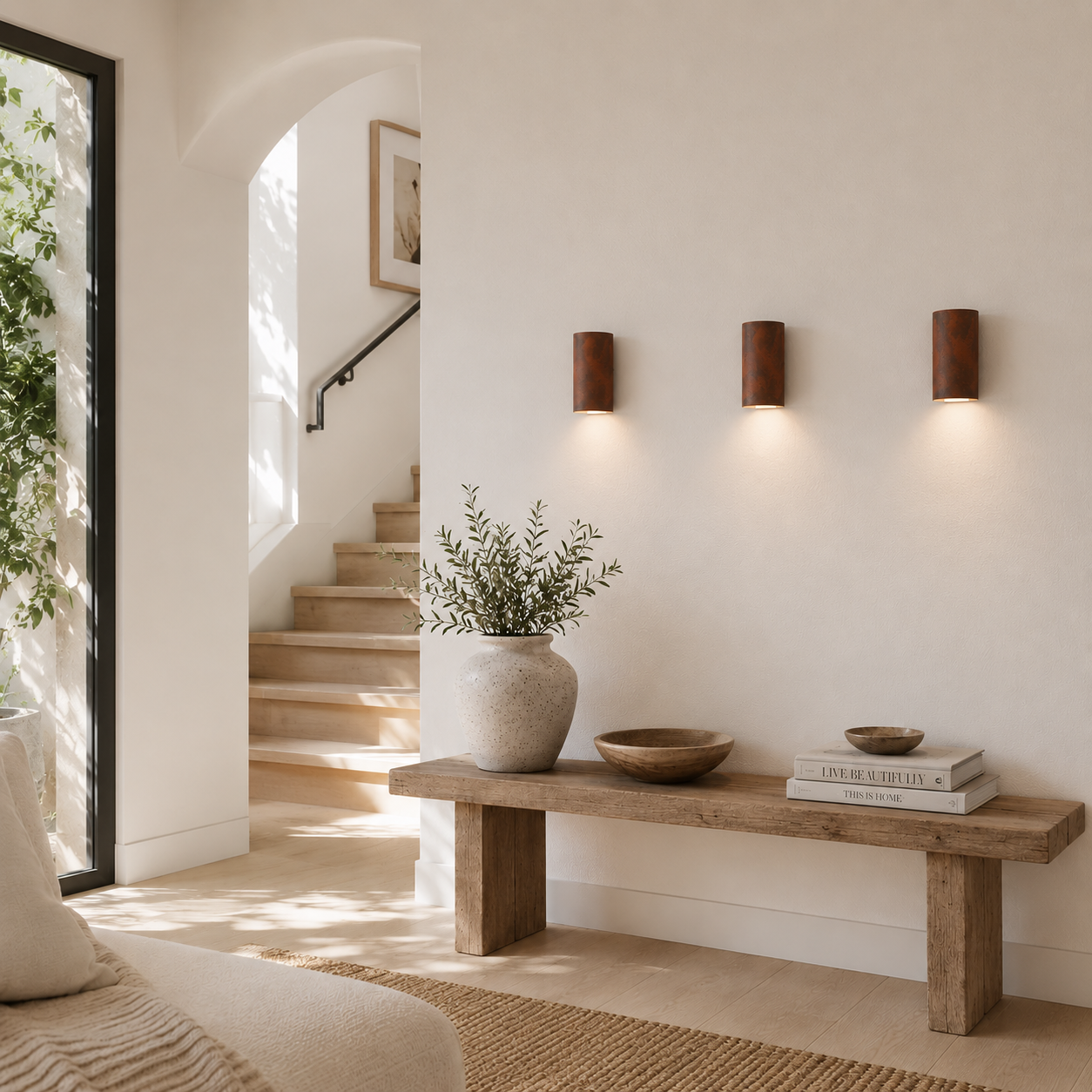 Three Rust handcrafted ceramic wall sconces with an oxidised iron finish casting soft downward light in a bright contemporary interior with warm timber, natural stone and Mediterranean-inspired architecture.