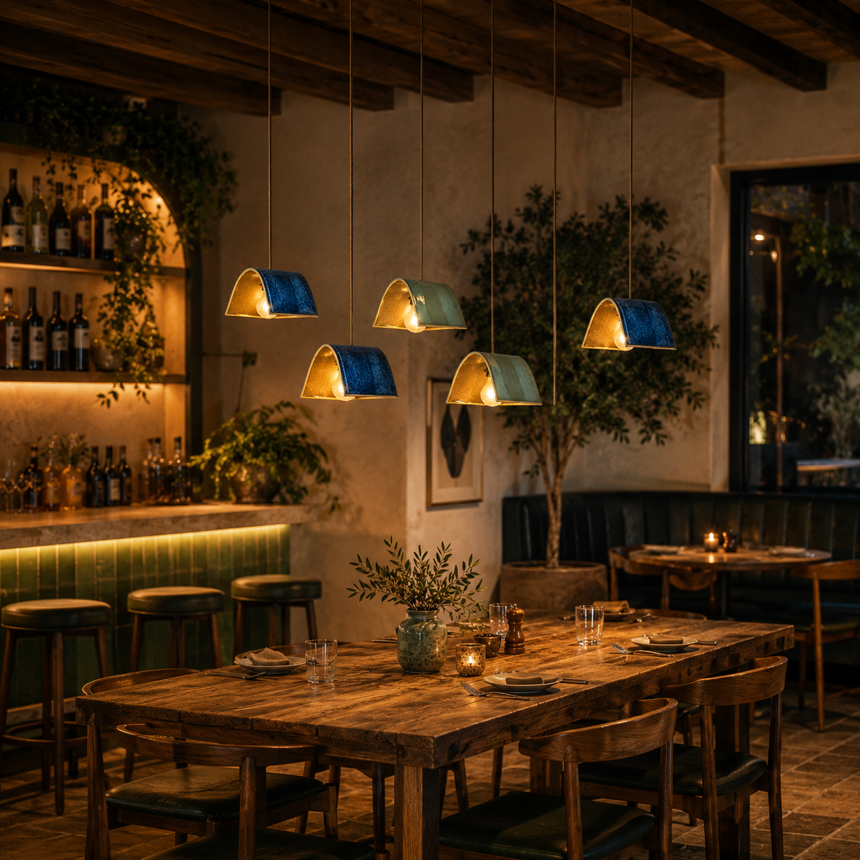 Cluster of handcrafted arched ceramic pendant lights in glossy midnight blue and soft seafoam glazes hanging above a rustic timber dining table in a warm contemporary restaurant interior with textured plaster walls, ambient lighting and Mediterranean-inspired styling.