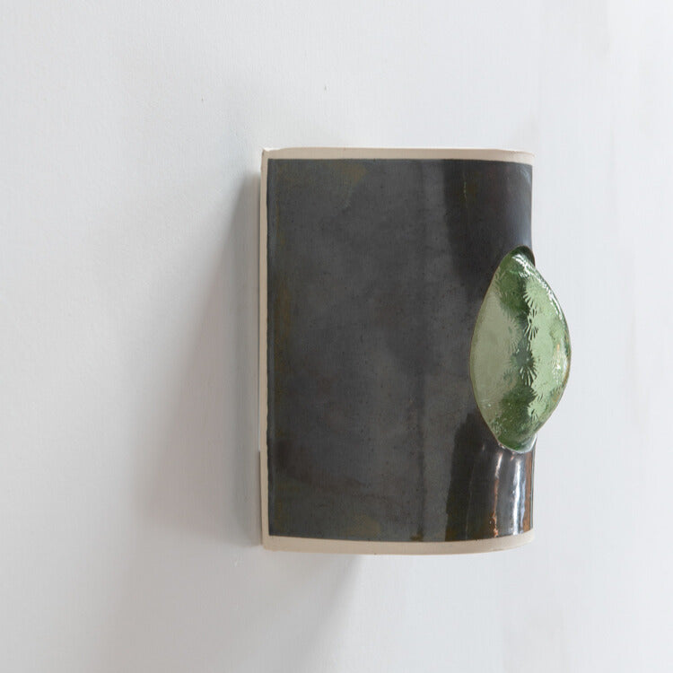 Avocado Wall Sconce with Glass handcrafted ceramic wall light Australia showing side detail of green glass emerging through ceramic form