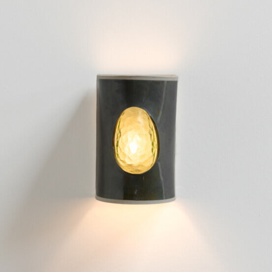 Avocado Wall Sconce with Glass handcrafted ceramic wall light Australia with glowing green glass insert lit with warm ambient light
