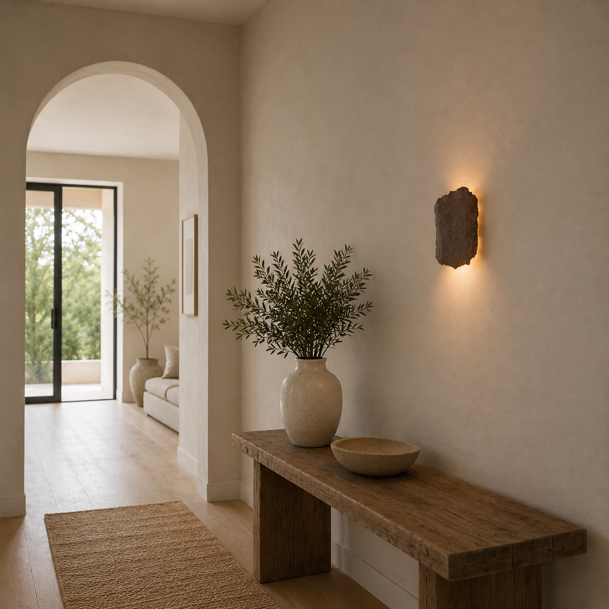 handcrafted ceramic wall sconce in a weathered rust finish casting a warm ambient glow in a minimalist Mediterranean-inspired hallway with natural timber and textured plaster walls.