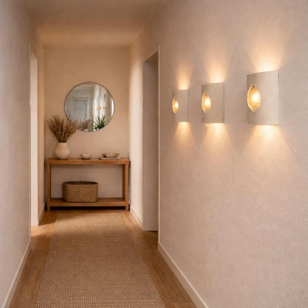 Three Beach Wall Sconce with Glass ceramic wall lights mounted in a warm neutral hallway, casting soft ambient light above and below. Styled with timber console table, round mirror, woven runner and natural home decor.