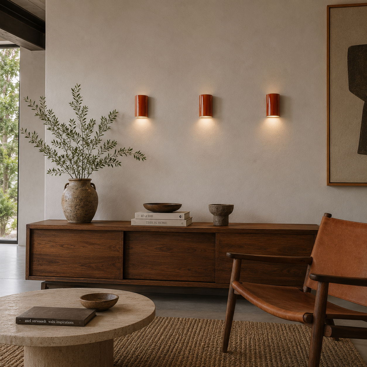 Three Burnt Orange handcrafted ceramic wall sconces in a warm gloss terracotta finish casting soft downward light in a contemporary living room with timber furniture and earthy natural textures.