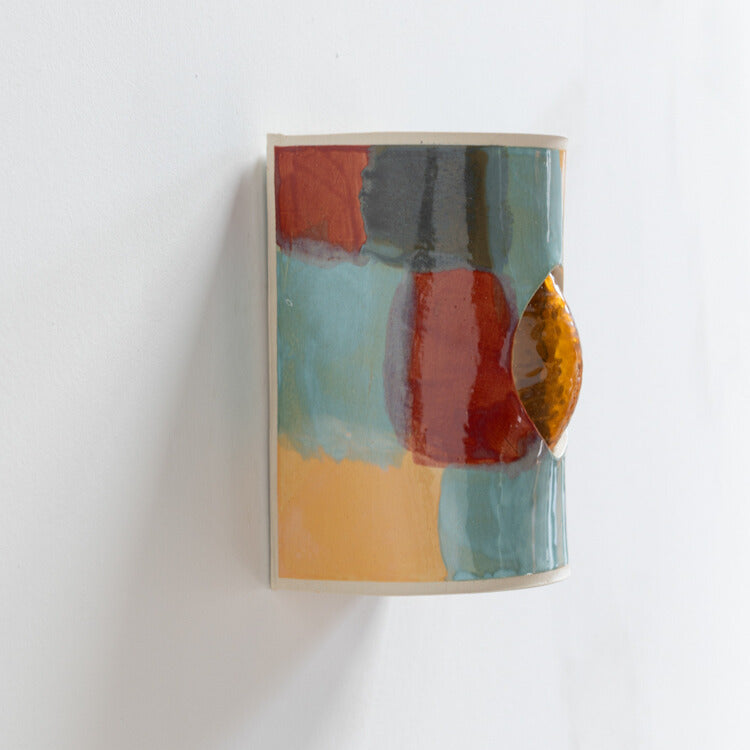 Carnival Wall Sconce with Glass handcrafted ceramic wall light Australia showing side detail of multicolour ceramic glaze and glass insert