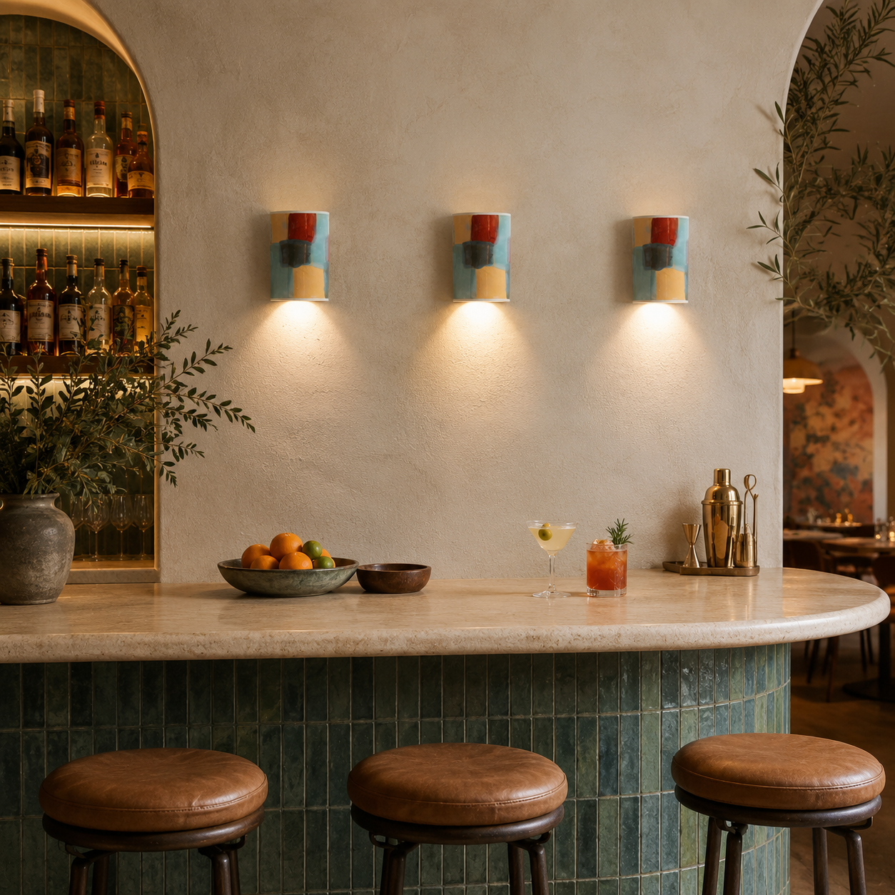 Three Carnival handcrafted ceramic wall sconces with an abstract aqua, terracotta and ochre glaze casting warm downward light in a moody contemporary bar interior.