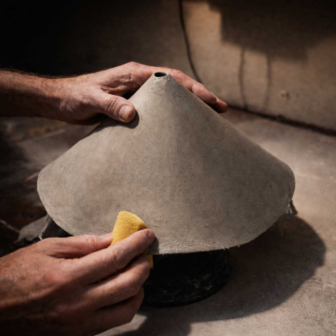 Artisan hand-finishing The Fuji ceramic pendant light in the Carver Lights studio workshop