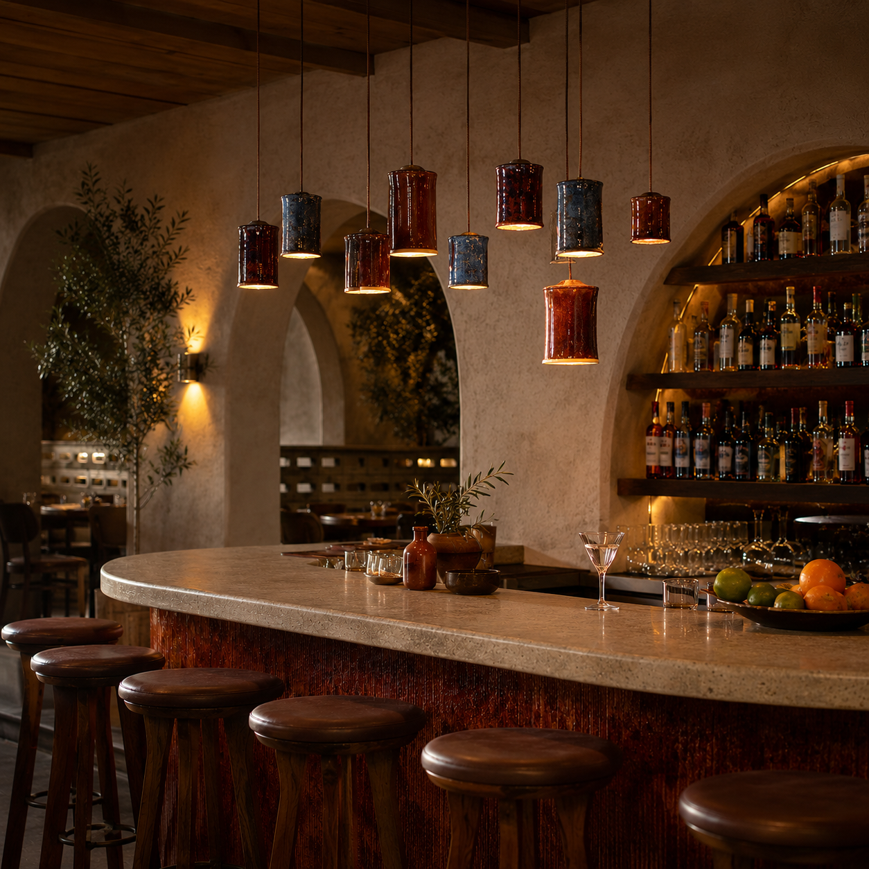 Cluster of handcrafted ceramic tumbler pendant lights in glossy shiraz red, midnight blue and burnt orange finishes hanging above a curved stone bar in a warm contemporary restaurant interior with textured plaster walls, timber ceilings and ambient lighting.