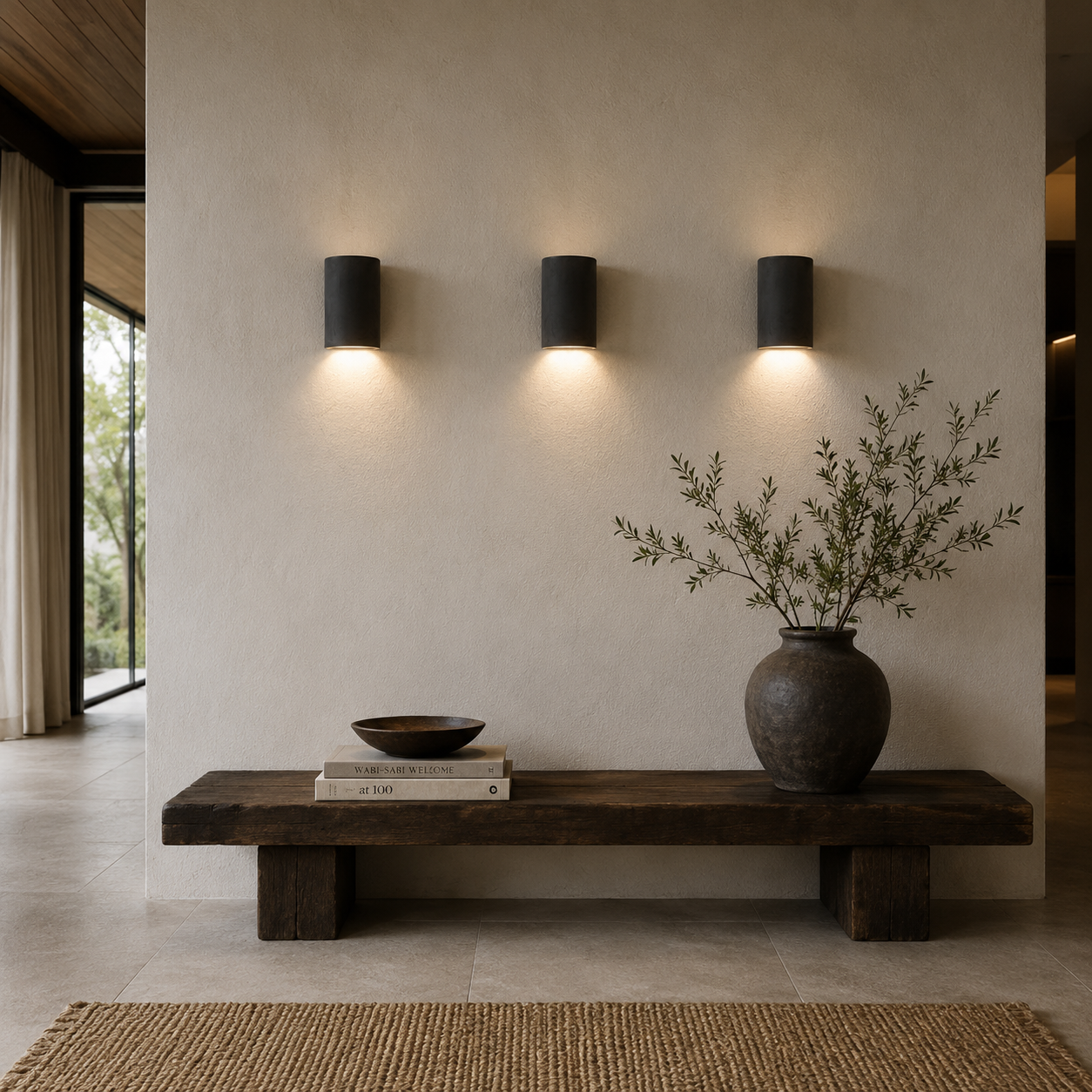 Three Charcoal handcrafted ceramic wall sconces in a raw unglazed black clay finish casting soft downward light in a warm contemporary interior with dark timber and natural textures.
