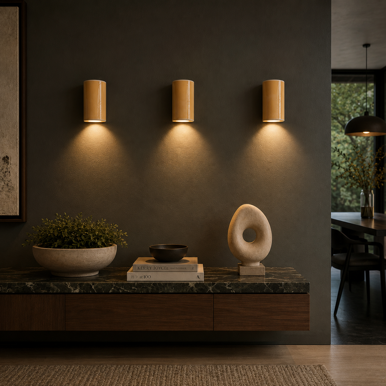 Three Coral handcrafted ceramic wall sconces in a warm apricot gloss finish casting soft downward light in a moody contemporary interior with dark olive walls and walnut detailing.