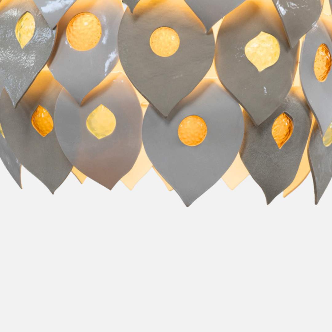 Dawn chandelier handcrafted ceramic and glass pendant light Australia detail of layered ceramic petals with warm glowing glass elements