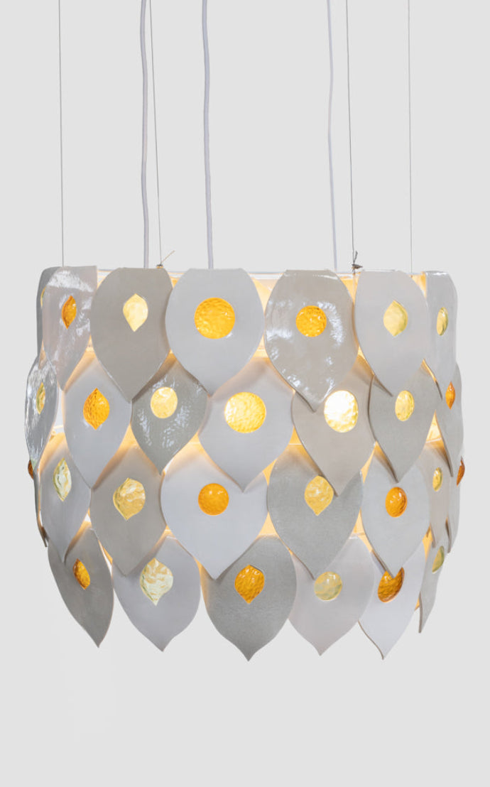 Dawn chandelier handcrafted ceramic and glass pendant light Australia full product view on white background showing layered sculptural form