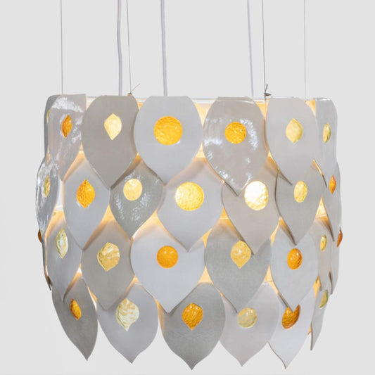 Dawn chandelier handcrafted ceramic and glass pendant light Australia full product view on white background showing layered sculptural form