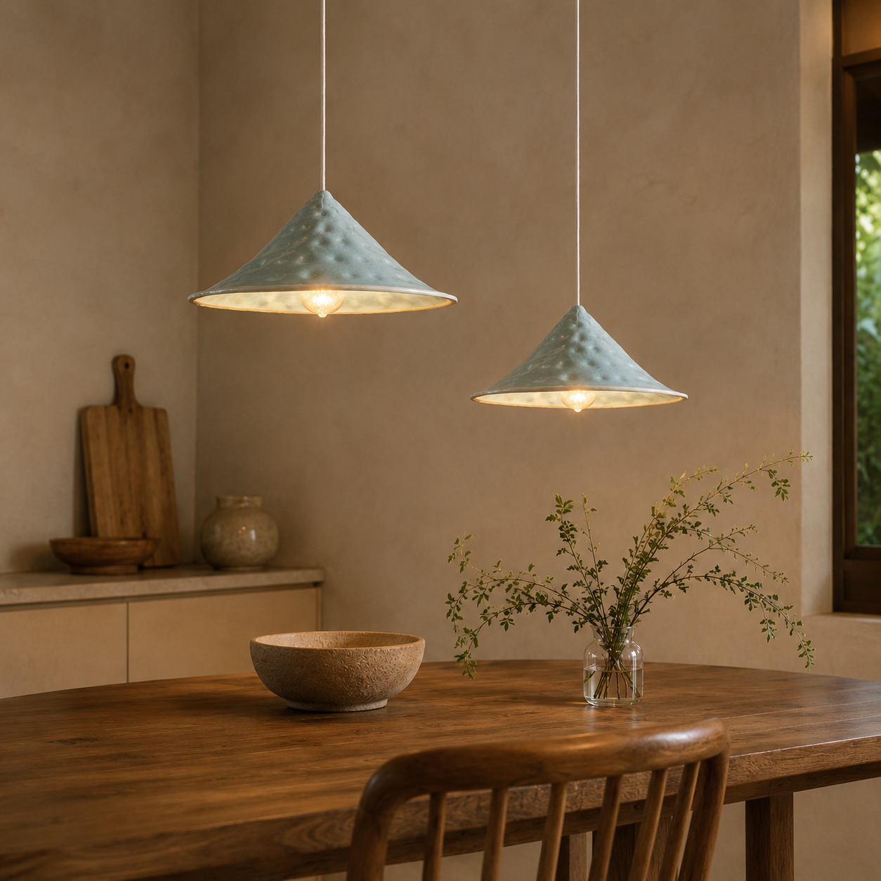Two Dimple handcrafted ceramic pendant lights in a Lac Bleu glaze hanging at different heights above a timber dining table in a warm minimalist interior.