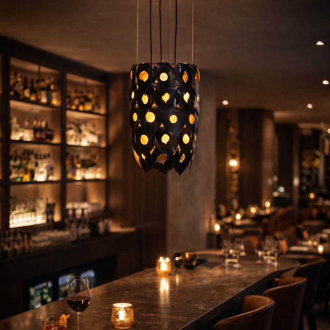 Dusk chandelier handcrafted black ceramic and glass pendant light Australia installed in moody restaurant interior creating warm ambient lighting