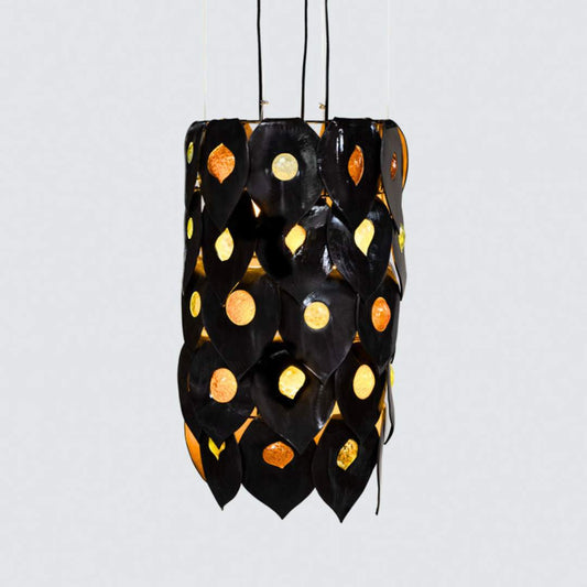 Dusk chandelier handcrafted black ceramic and glass pendant light Australia sculptural layered form with warm glowing glass inserts