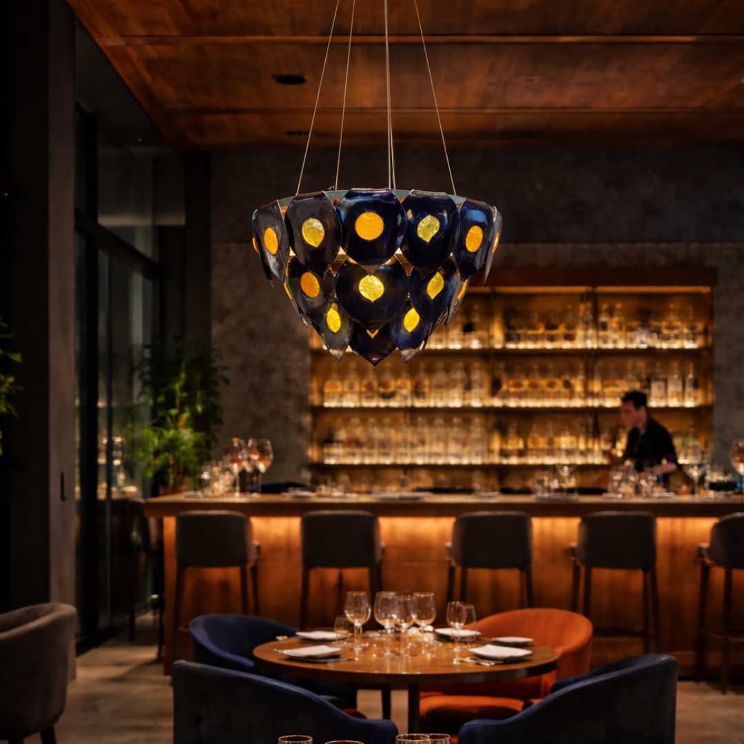 Ember chandelier handcrafted black ceramic and glass pendant light Australia installed in restaurant creating warm intimate ambient lighting