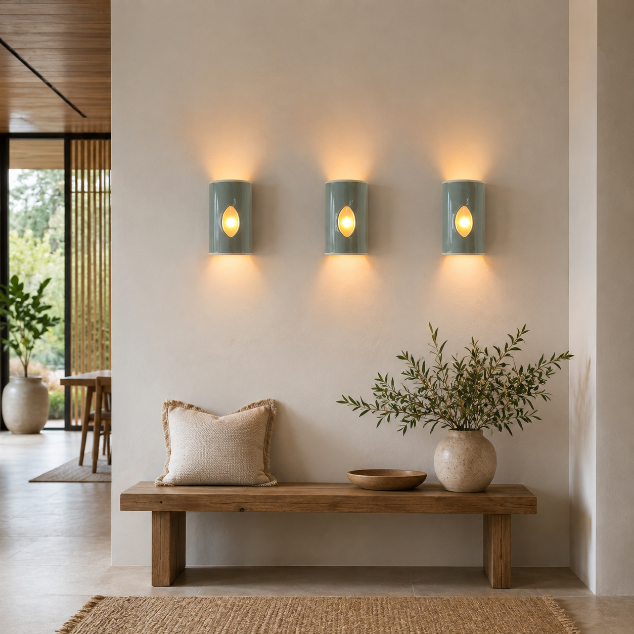 Three Eucalyptus ceramic wall sconces with textured glass casting a warm glow in a modern interior.