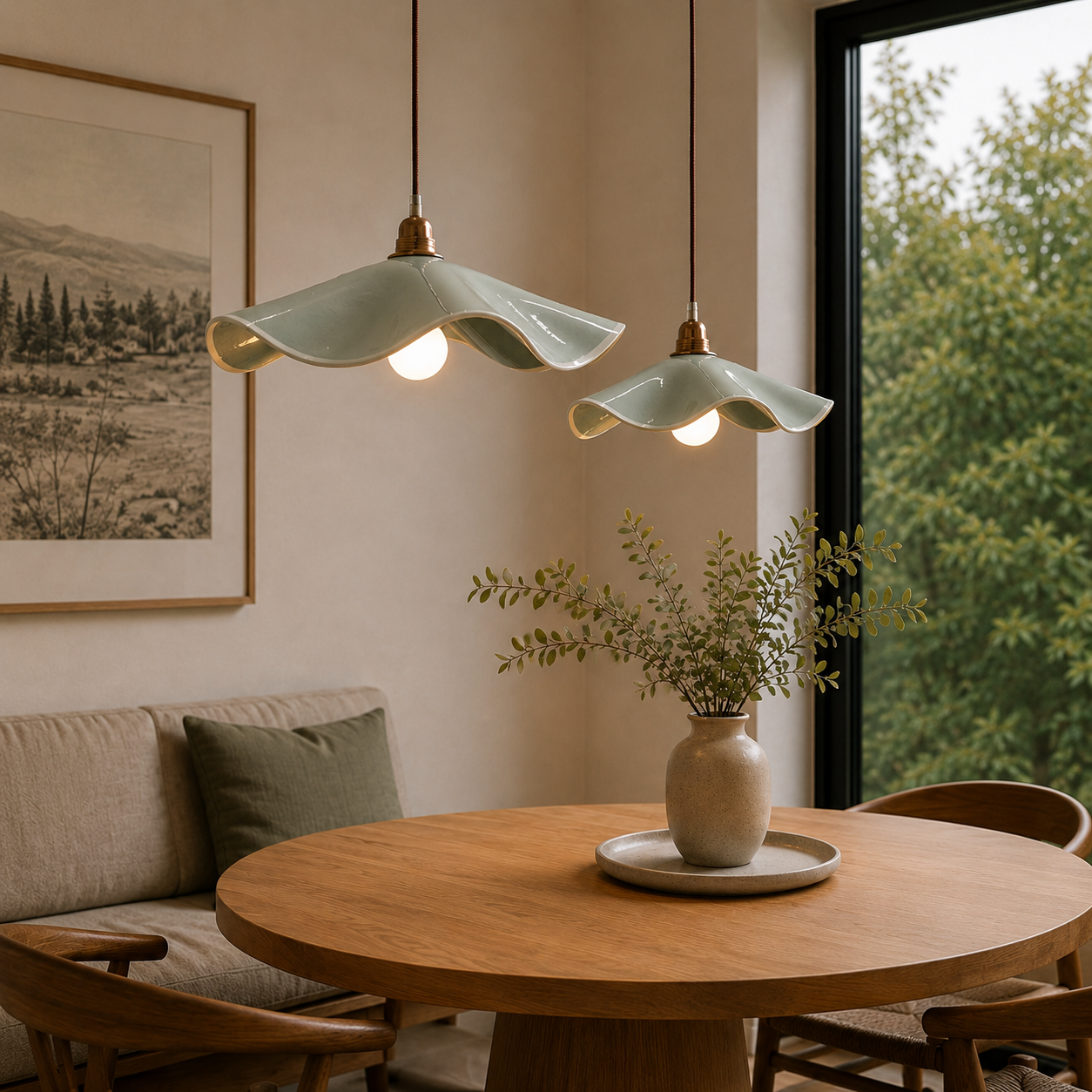 Two Eucalyptus Marilyn handmade ceramic pendant lights hanging at different heights above a round timber dining table in a modern dining room, creating a soft ambient glow.