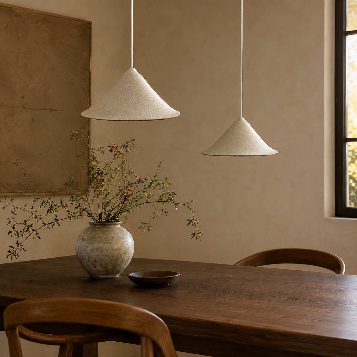 Two Fuji handcrafted ceramic pendant lights in a soft sand glaze hanging at different heights above a timber dining table in a warm minimalist interior.