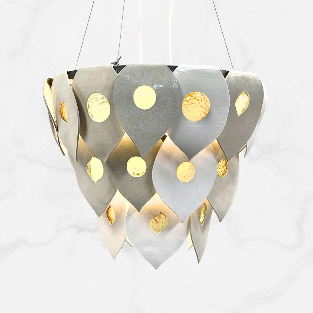 Halo chandelier handcrafted ceramic and glass pendant light Australia sculptural layered form with softly glowing glass elements
