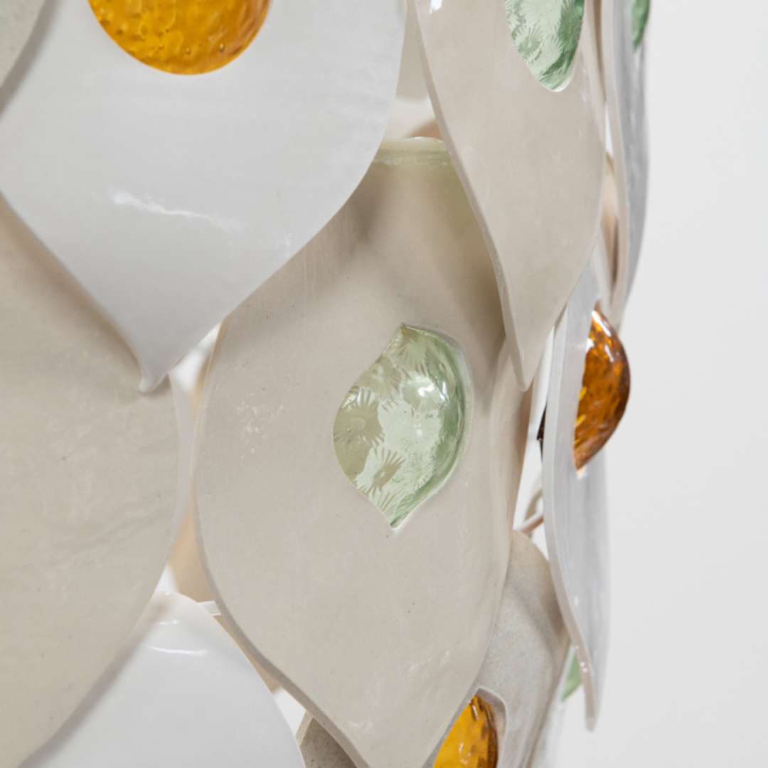 Halo chandelier handcrafted ceramic and glass pendant light Australia close up of layered ceramic petals with textured glass inserts