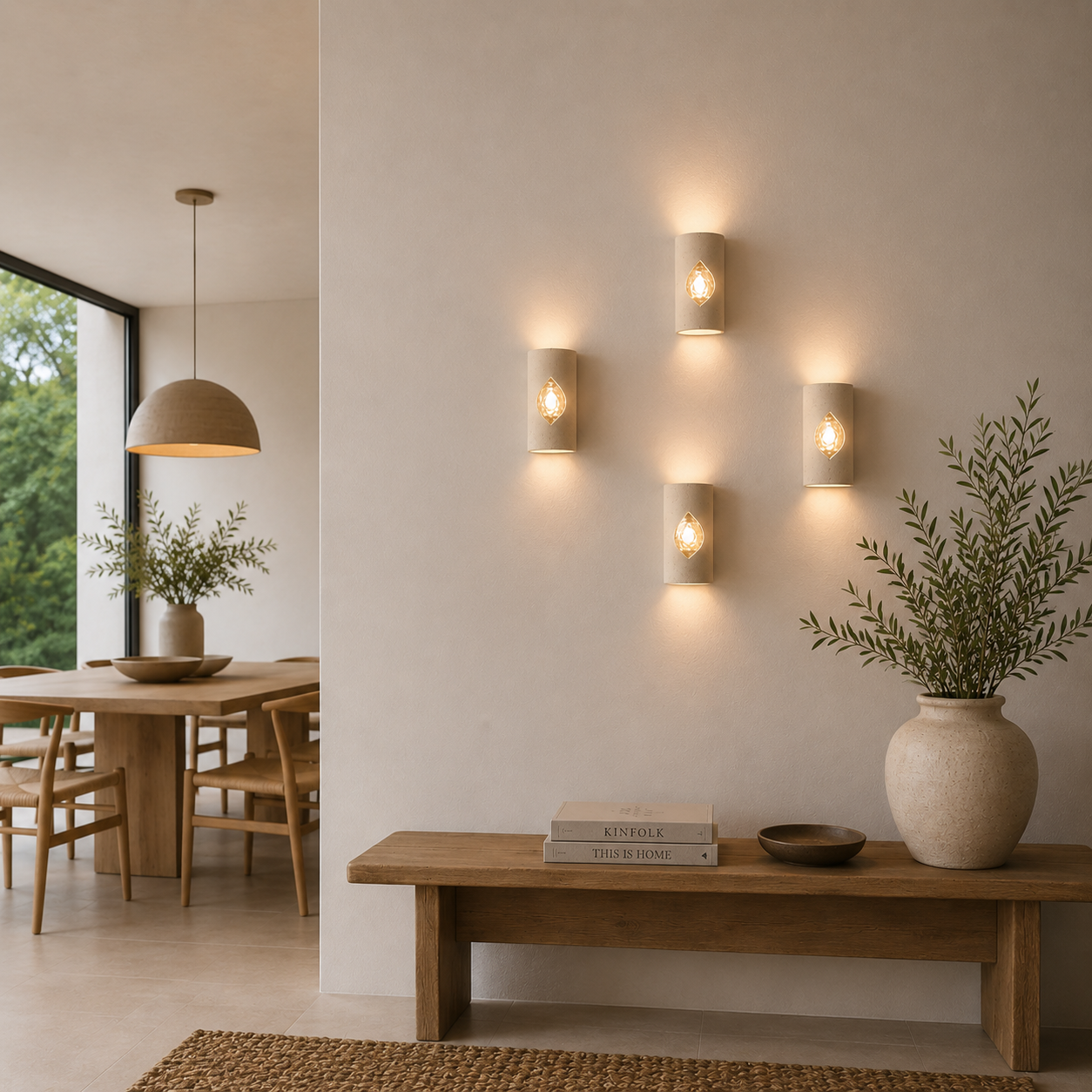 Four handcrafted ceramic wall sconces in a soft limestone-toned finish with illuminated champagne textured glass inserts arranged in a sculptural cluster on a warm minimalist wall with natural oak furniture, soft neutral tones and contemporary Mediterranean-inspired styling.