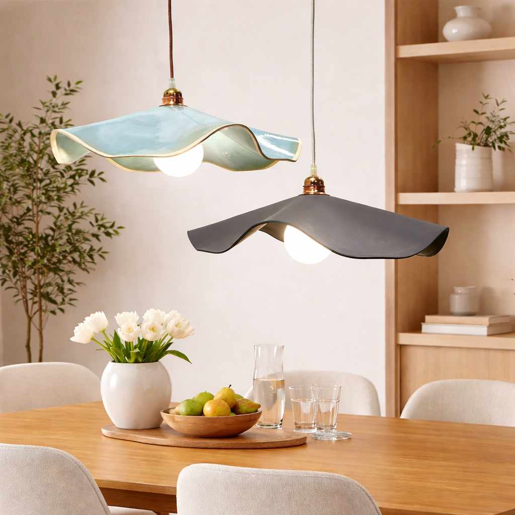 Two Marilyn handcrafted ceramic pendant lights hanging at staggered heights above a timber dining table, featuring soft blue gloss and charcoal matte finishes in a warm modern dining room setting.