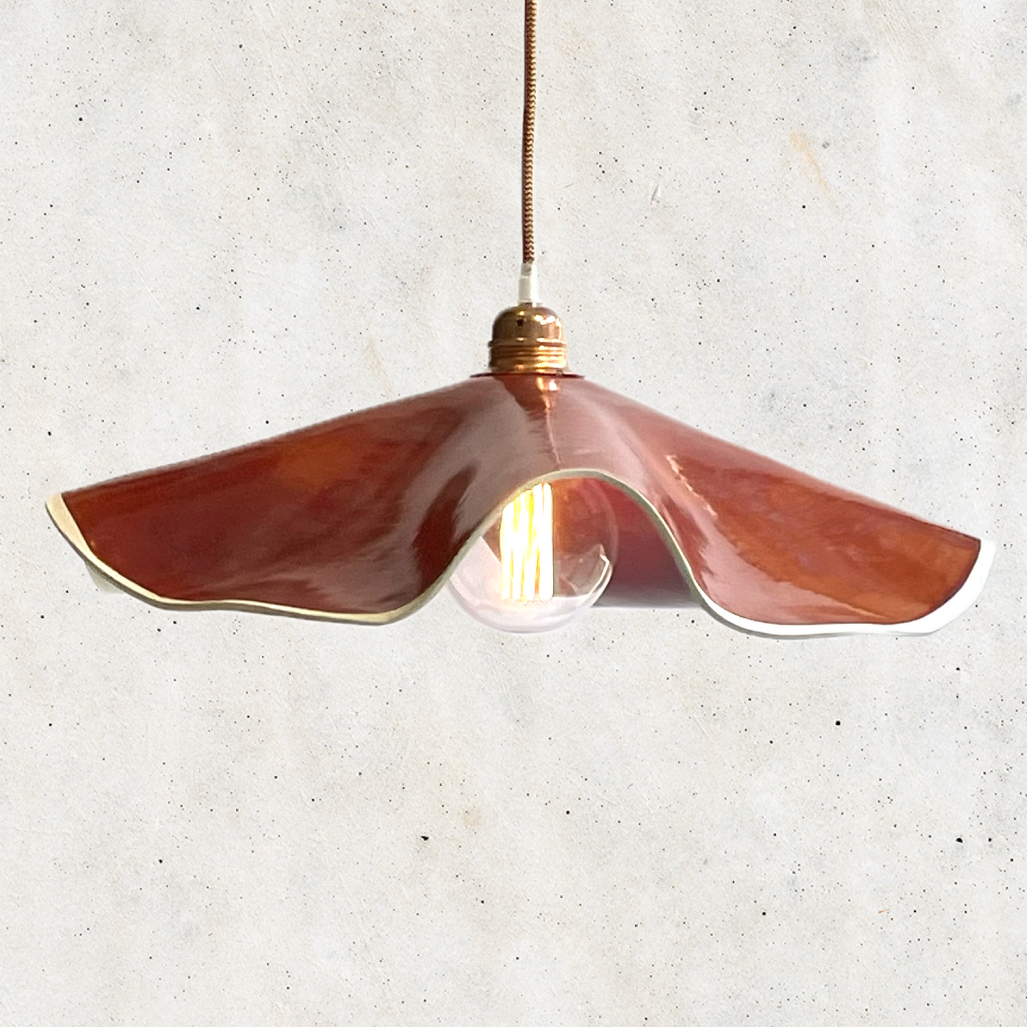 Marilyn Pendant handcrafted ceramic pendant light Australia in burnt orange gloss glaze with soft curved edges