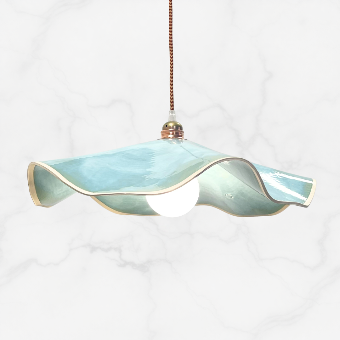Marilyn Pendant handcrafted ceramic pendant light Australia in soft blue glaze with fluid folded shade