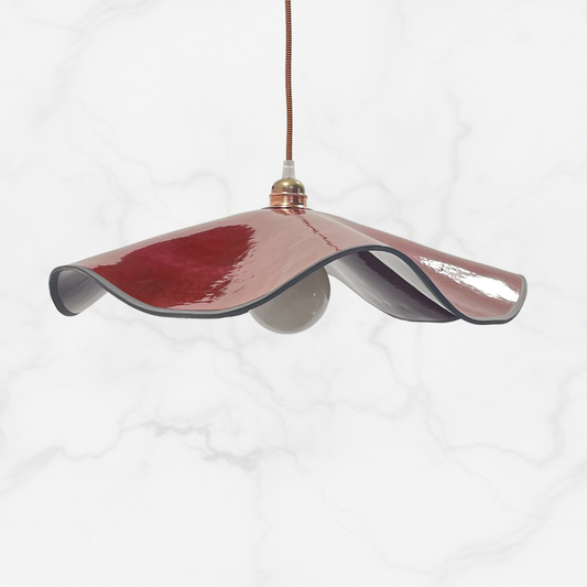 Marilyn Pendant handcrafted ceramic pendant light Australia in glossy red finish with flowing wavy shade and exposed globe