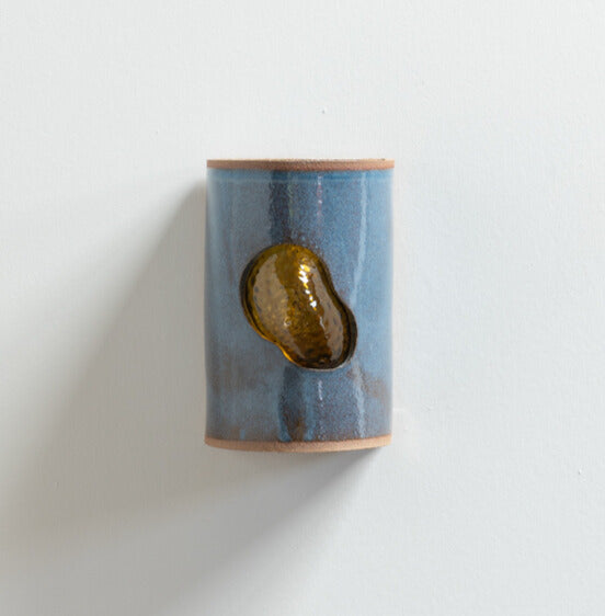 Midnight Blue Wall Sconce with Glass handcrafted ceramic wall light Australia showing deep blue ceramic glaze and glass insert on white background