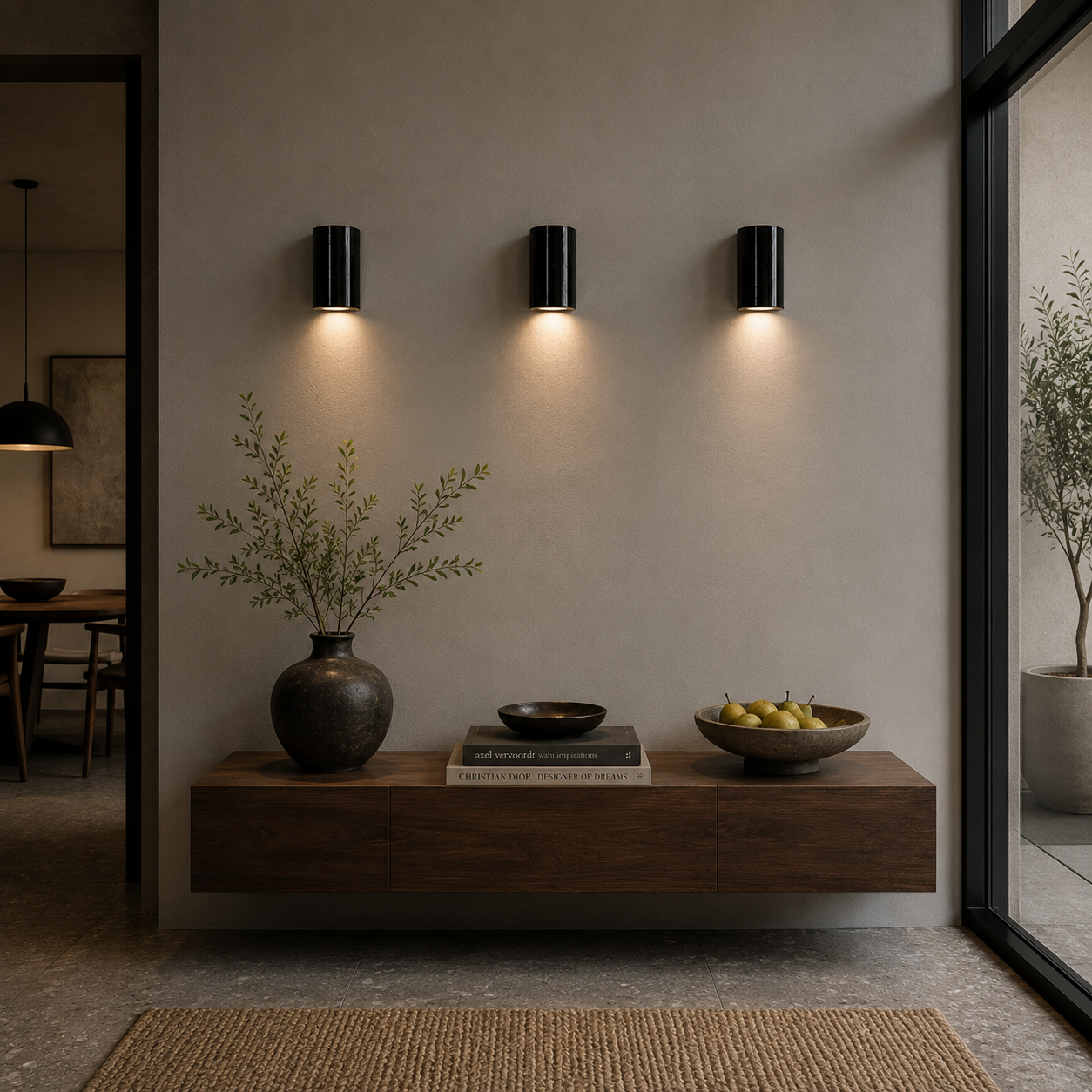 Three Obsidian handcrafted ceramic wall sconces in a deep gloss black finish casting soft downward light in a moody contemporary interior with dark timber and sculptural decor.