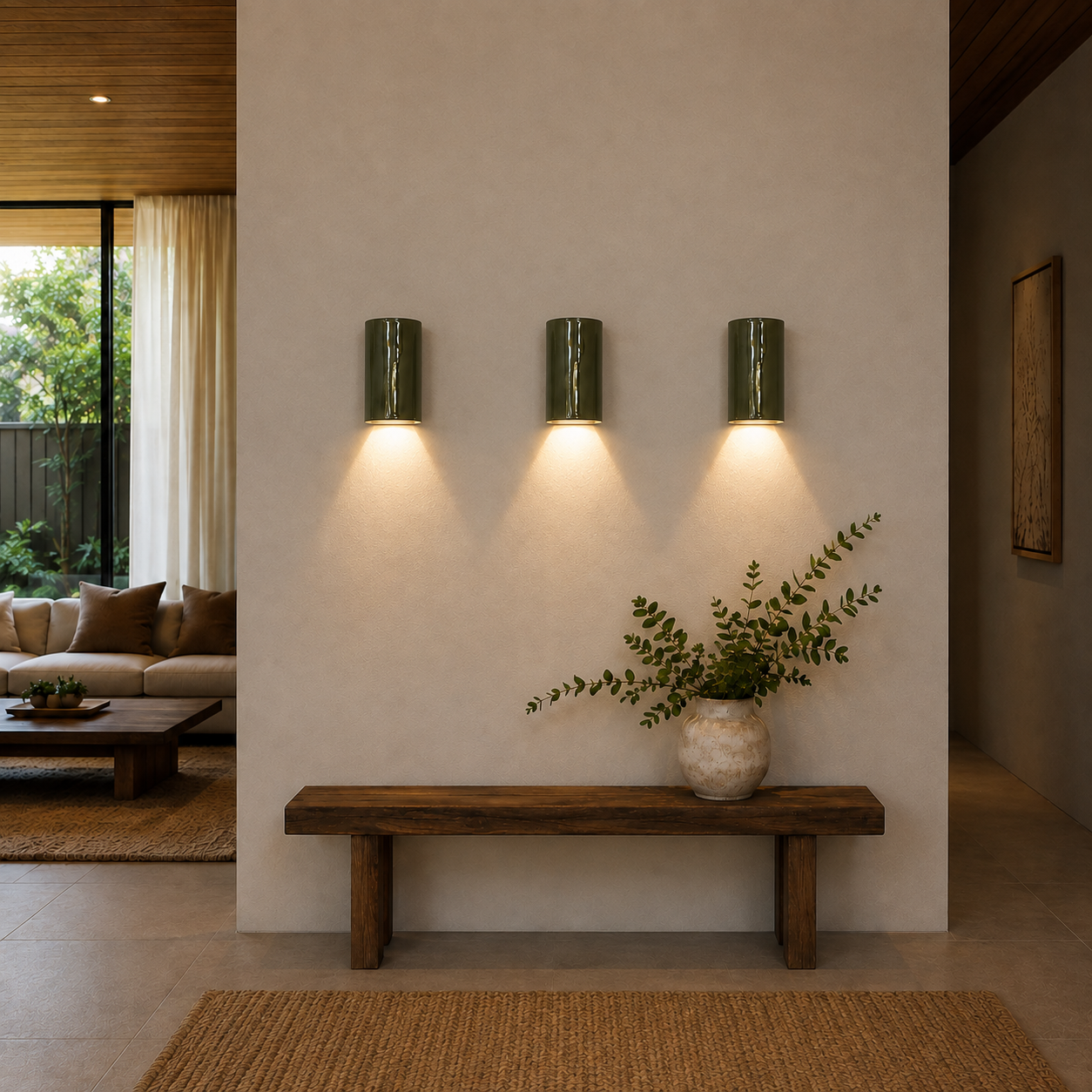 Three handmade olive glazed ceramic wall lights casting warm light in a modern interior.