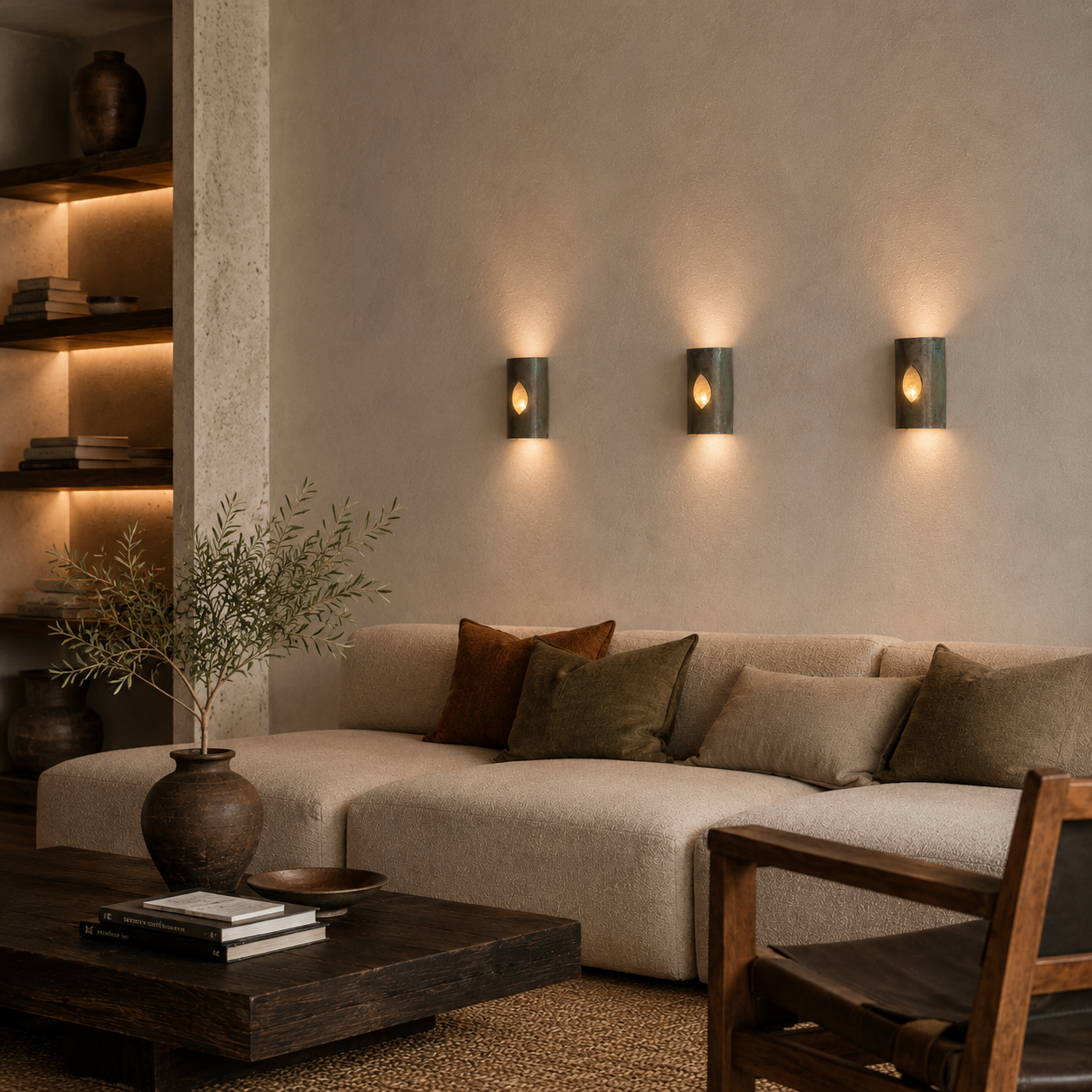 Three handcrafted ceramic wall sconces in an oxidised bronze and verdigris finish with illuminated amber glass inserts in a warm contemporary living room with curved sofa, dark timber furniture and textured plaster walls.