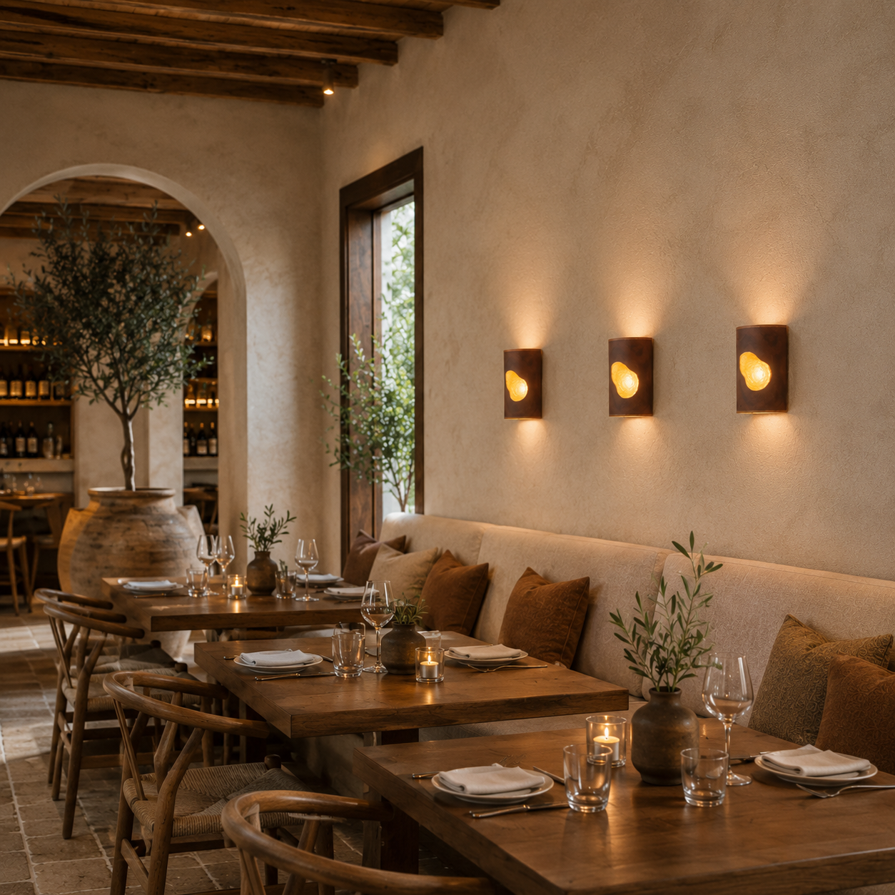 Three handcrafted ceramic wall sconces in an oxidised rust finish with illuminated amber textured glass inserts in a warm Mediterranean-inspired restaurant interior with timber tables, soft plaster walls and ambient candlelight.