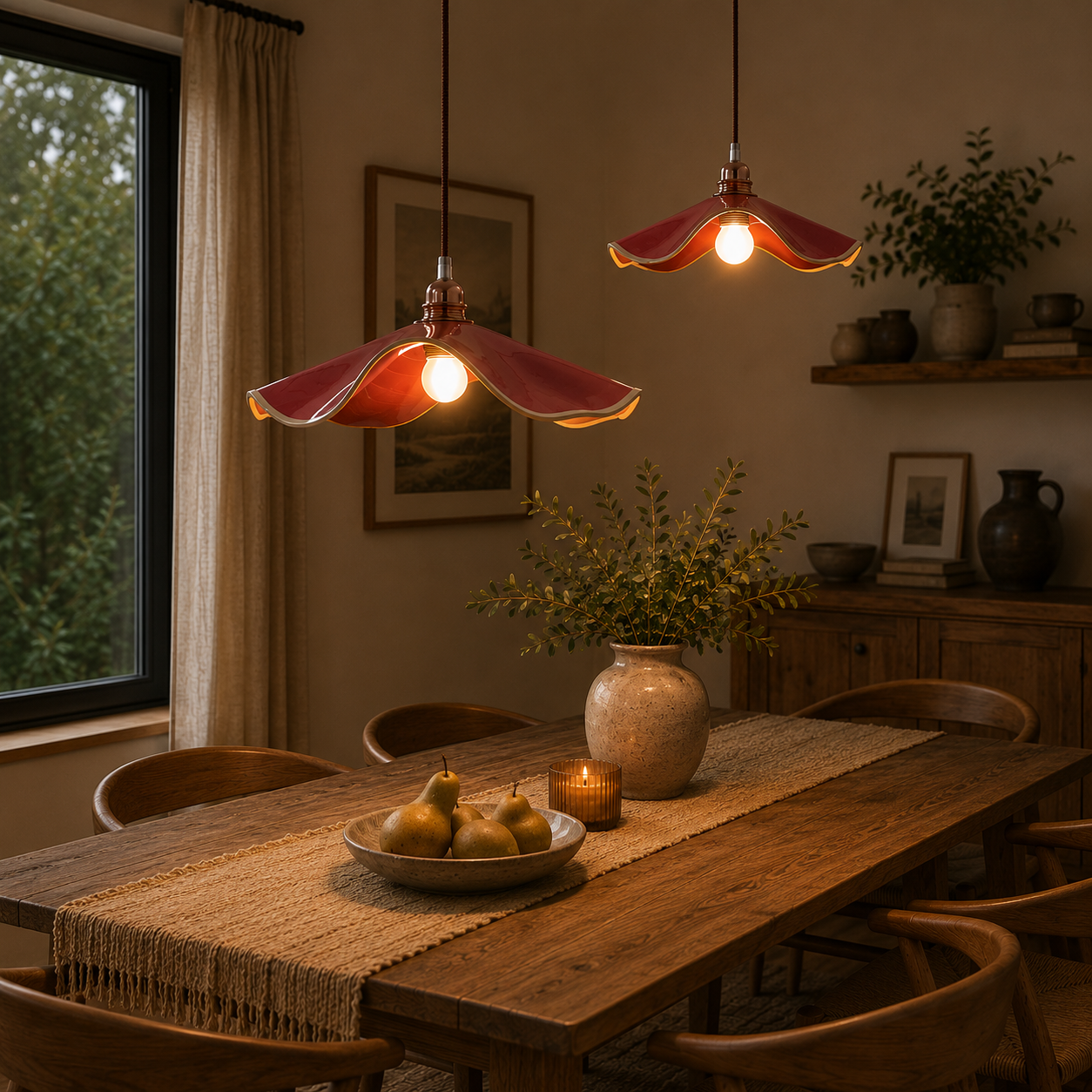 Two Salmon Marilyn handmade ceramic pendant lights hanging at different heights above a timber dining table in a modern dining room, creating a warm ambient glow.
