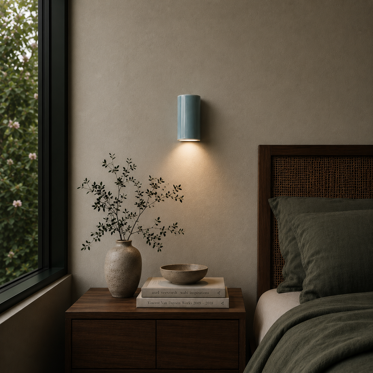 Sea Glass handcrafted ceramic wall sconce in a soft aqua glaze casting warm downward light above a timber bedside table in a calm contemporary bedroom interior.