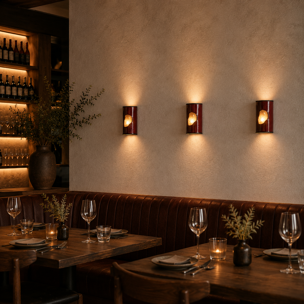Three handcrafted ceramic wall sconces in a glossy shiraz-red finish with illuminated amber textured glass inserts in a warm contemporary restaurant interior with timber tables, wine shelving and intimate ambient lighting.