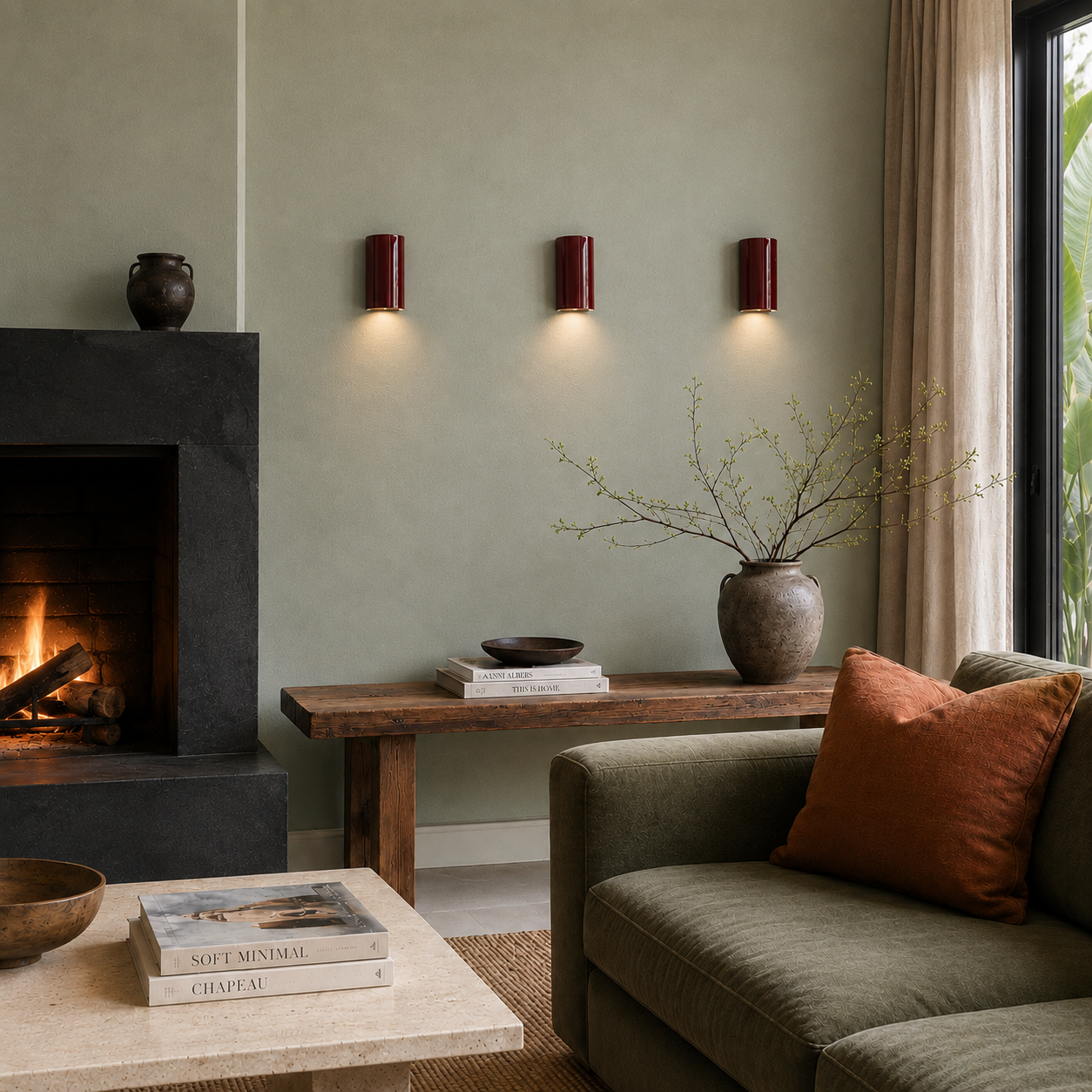 Three Shiraz handcrafted ceramic wall sconces in a deep gloss burgundy finish casting warm light in a contemporary living room with moody green walls and natural timber accents.